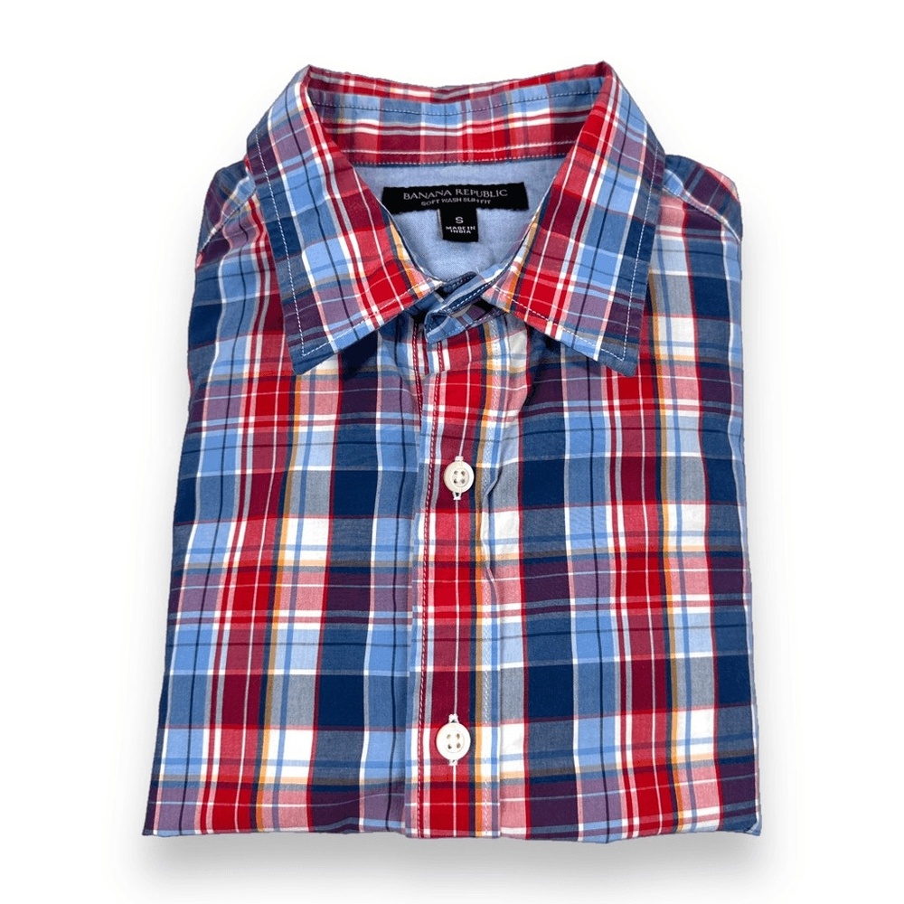 Banana‎ Republic Shirt Mens Small S Blue Plaid Slim Fit Long Sleeve Button Down
